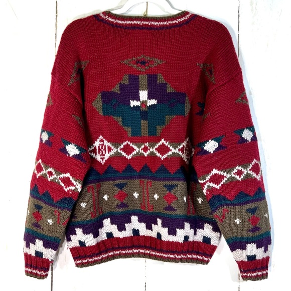 L.L. Bean Vintage 100% Wool Aztec Western Crewneck Sweater Chunky Knit - Picture 5 of 8